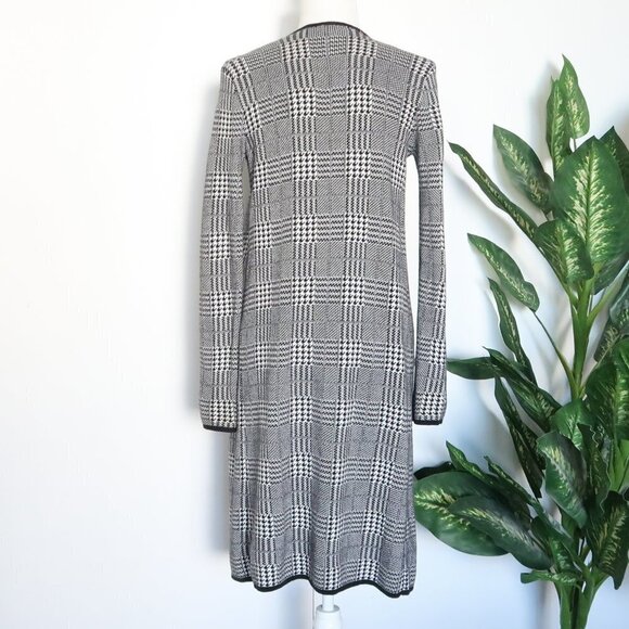 Vince Camuto Black White Houndstooth Plaid Open Front Long Knit Cardigan Sweater - Picture 5 of 11